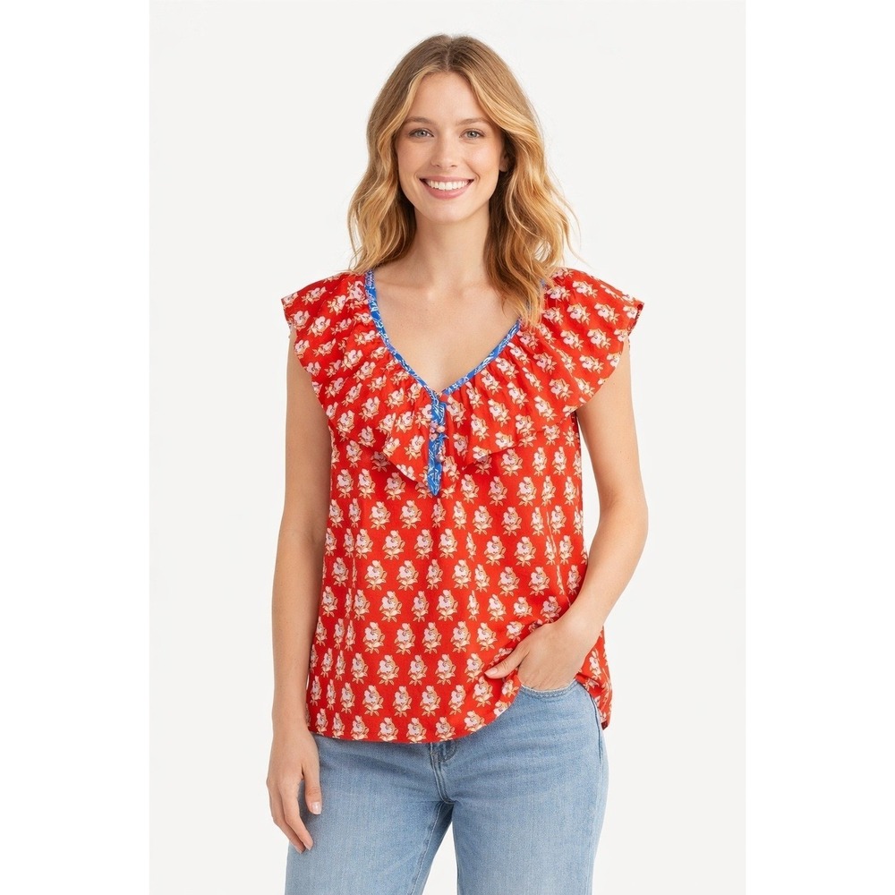 J.Crew Ruffle Floral V-Neck Top Women XXL in Classic Block Print Orange Peasant